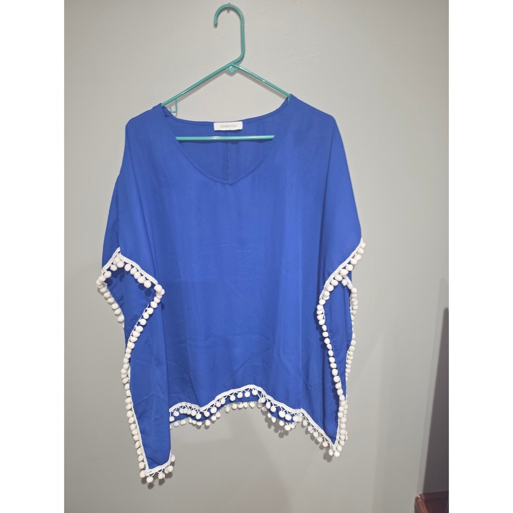 Adreamly Royal Blue Pom Pom Trim Poncho Top V-Neck Beach Cover Up Women OS